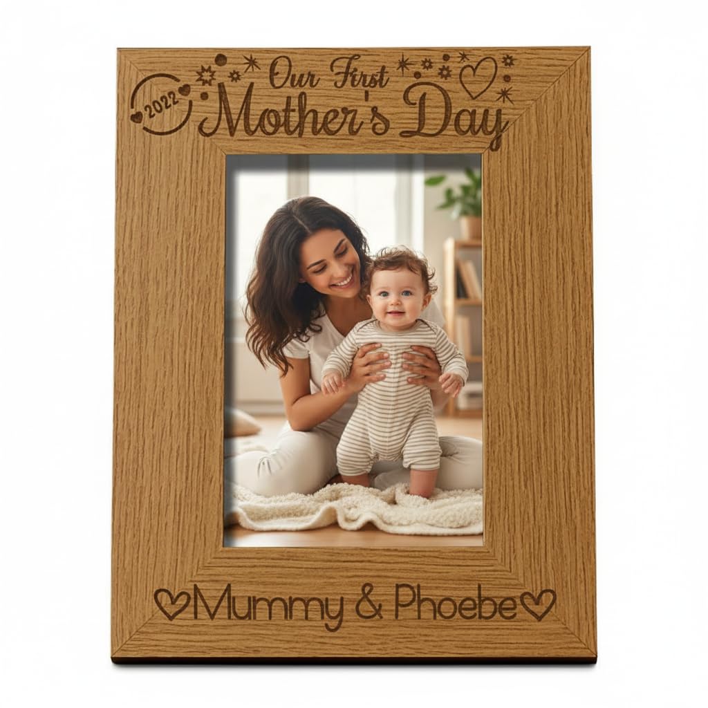 Ukgiftstoreonline Personalised Our First Mothers Day Photo Frame Oak Wood Finish Portrait (8 X 10 Inch)