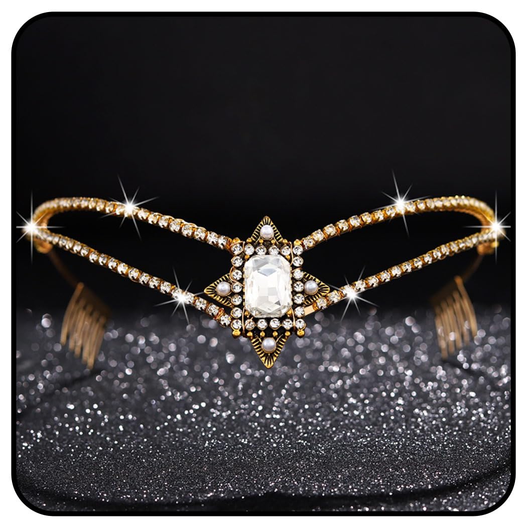 Zoestar Coronas y tiaras de boda para novia, diademas de novia de cristal dorado, tocados de boda con diamantes de imitación para mujer