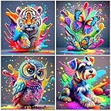 FLAJZ Diamond Painting Kinder, 4 Pack Süß Tiere Diamond Painting, Diamant Painting Bilder für Kinder ab 6 7 8 9 10 11 12 Jahre, DIY Mosaik Bastelset Weihnachtsgeschenke, 15x15cm