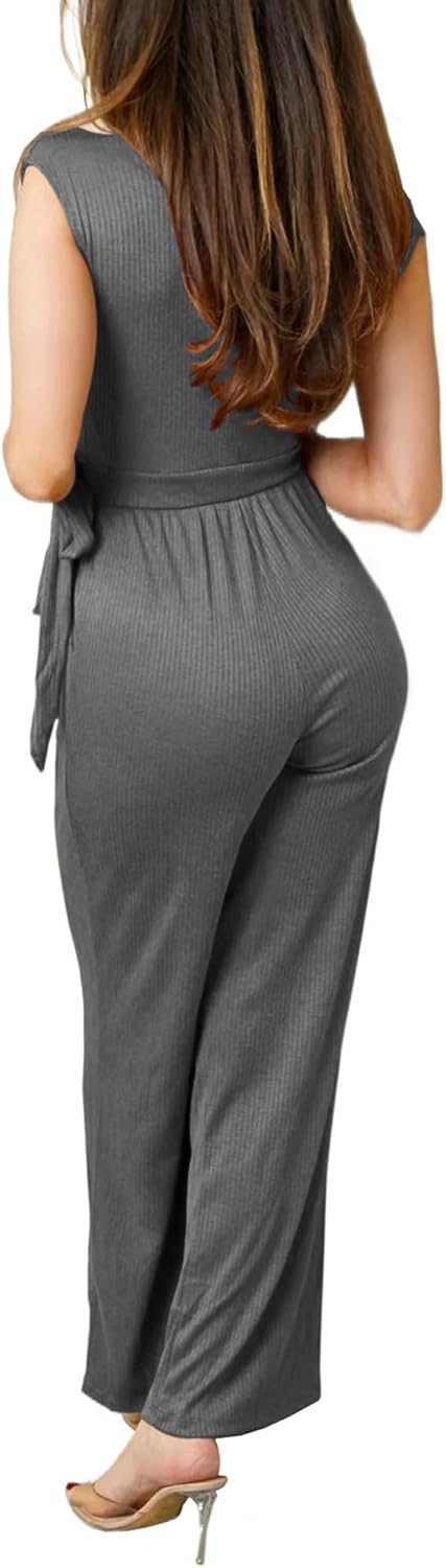 HugeNice Women's Casual Jumpsuits Sexy Wrap V Neck Belted Loose Wide Leg Long Pants Clubwear Romper - Image 3