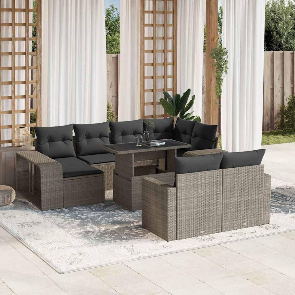 11-teiliges Gartenmöbel Set aus hellgrauem Poly Rattan mit Kissen, wetterfeste Lounge Sitzgruppe für Terrasse Balkon und Wintergarten, inkl. Tisch, Sofa, Sessel, Regal und Fußhocker