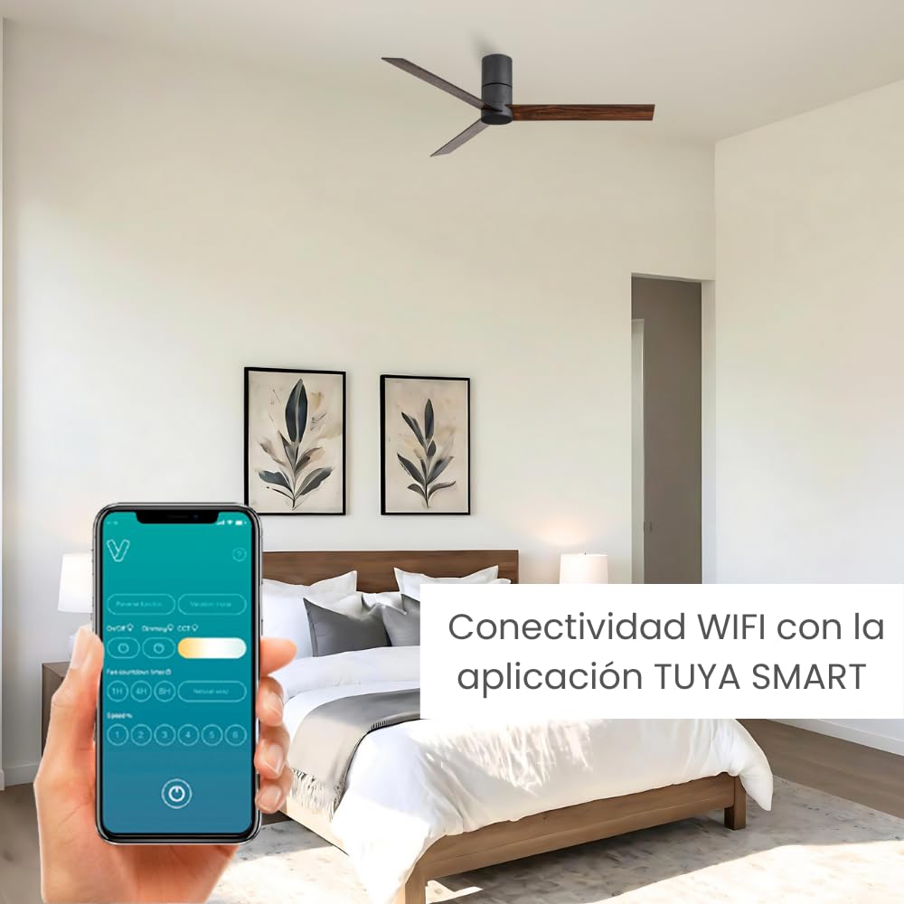 / HYBRID/Ventilador de techo negro con wifi y palas reversibles negro-nogal Ø120 cm/Ultra Silencioso, bajo consumo, 6 Velocidades, Mando, Verano-Invierno, temporizador, modo brisa