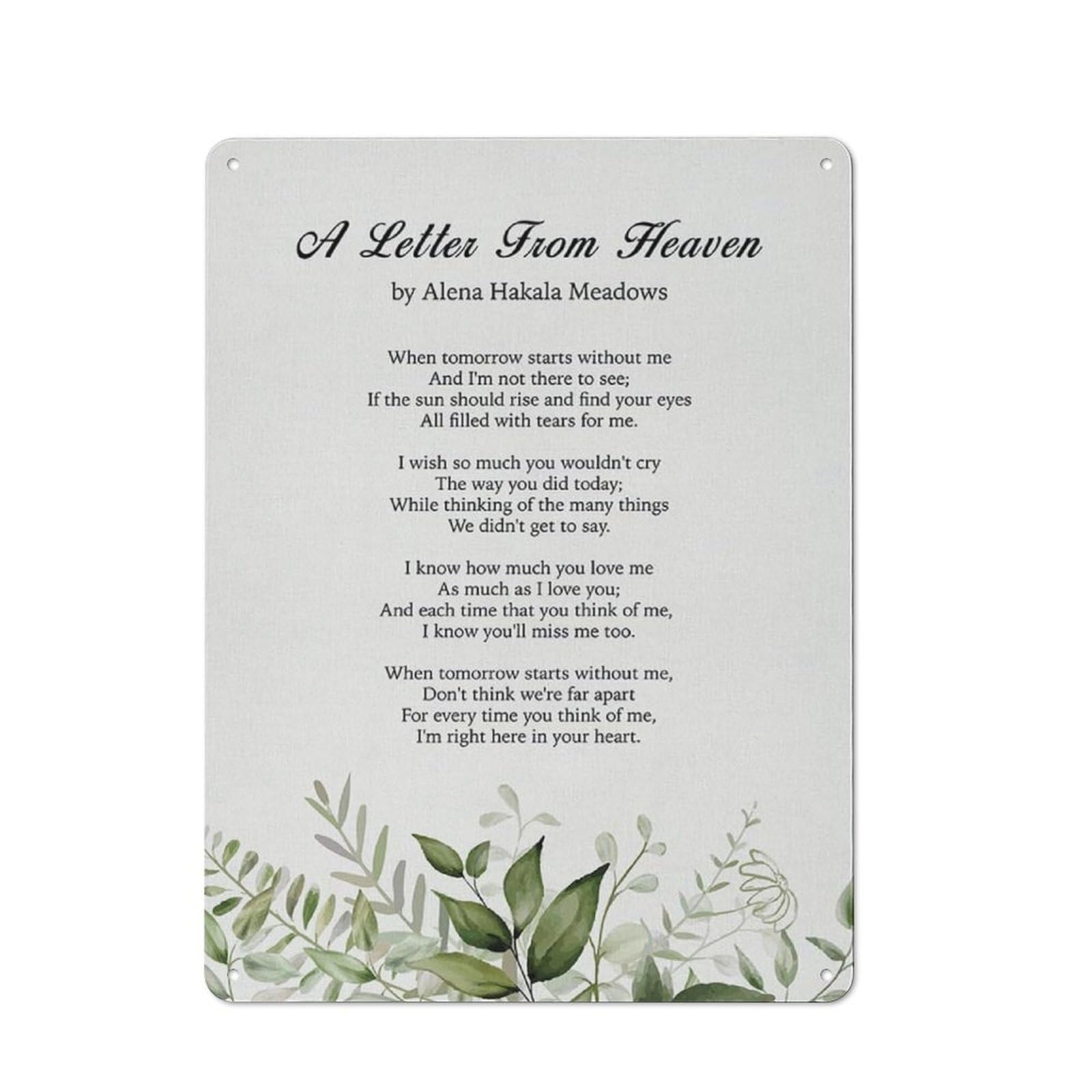 ACDOET Rustic Metal Tin Sign Memorial Bereavement Poem A Letter From Heaven Print Wall Art Home Office Decor Sympathy Poetry Painting Poster 12x16 Inch
