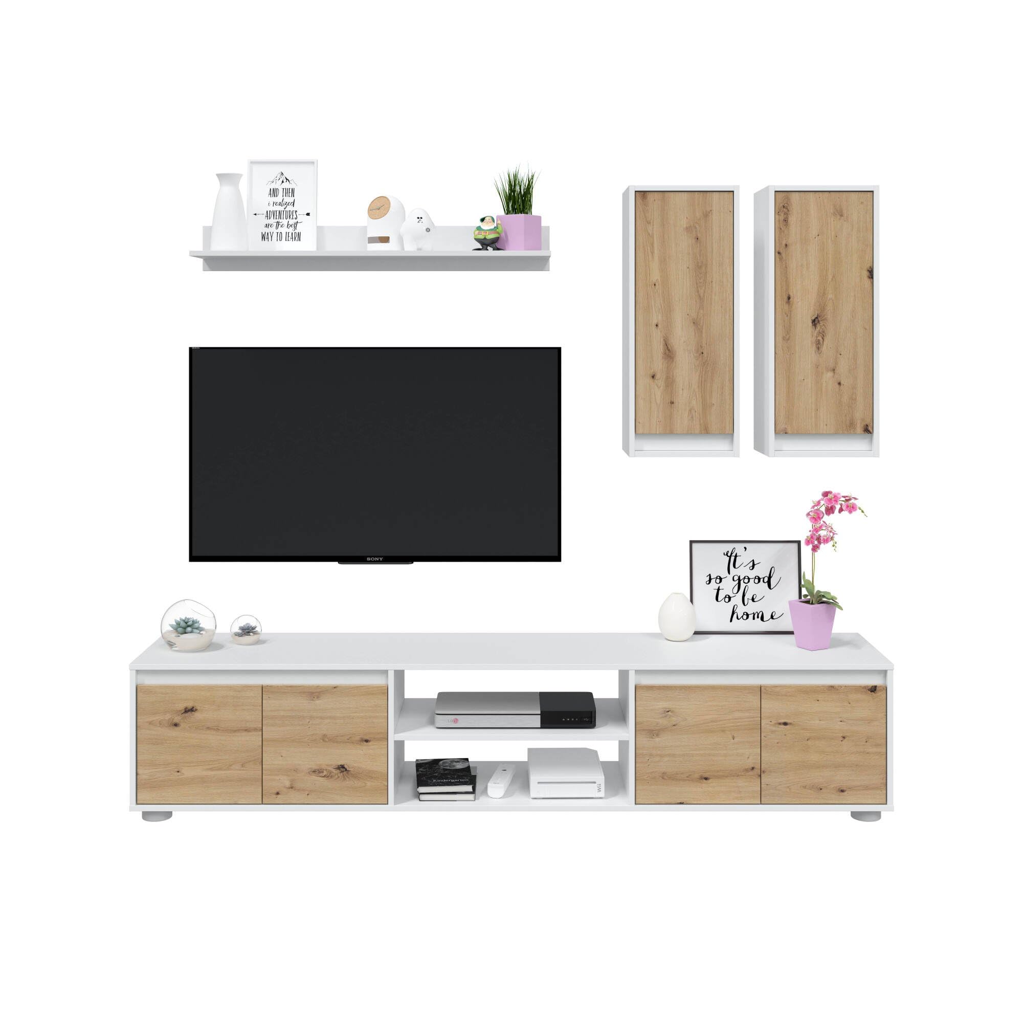 Dmora Parete Attrezzata Wells 40x200x114h cm Bianco 7 Ripiani 6 Ante, 8 Vani