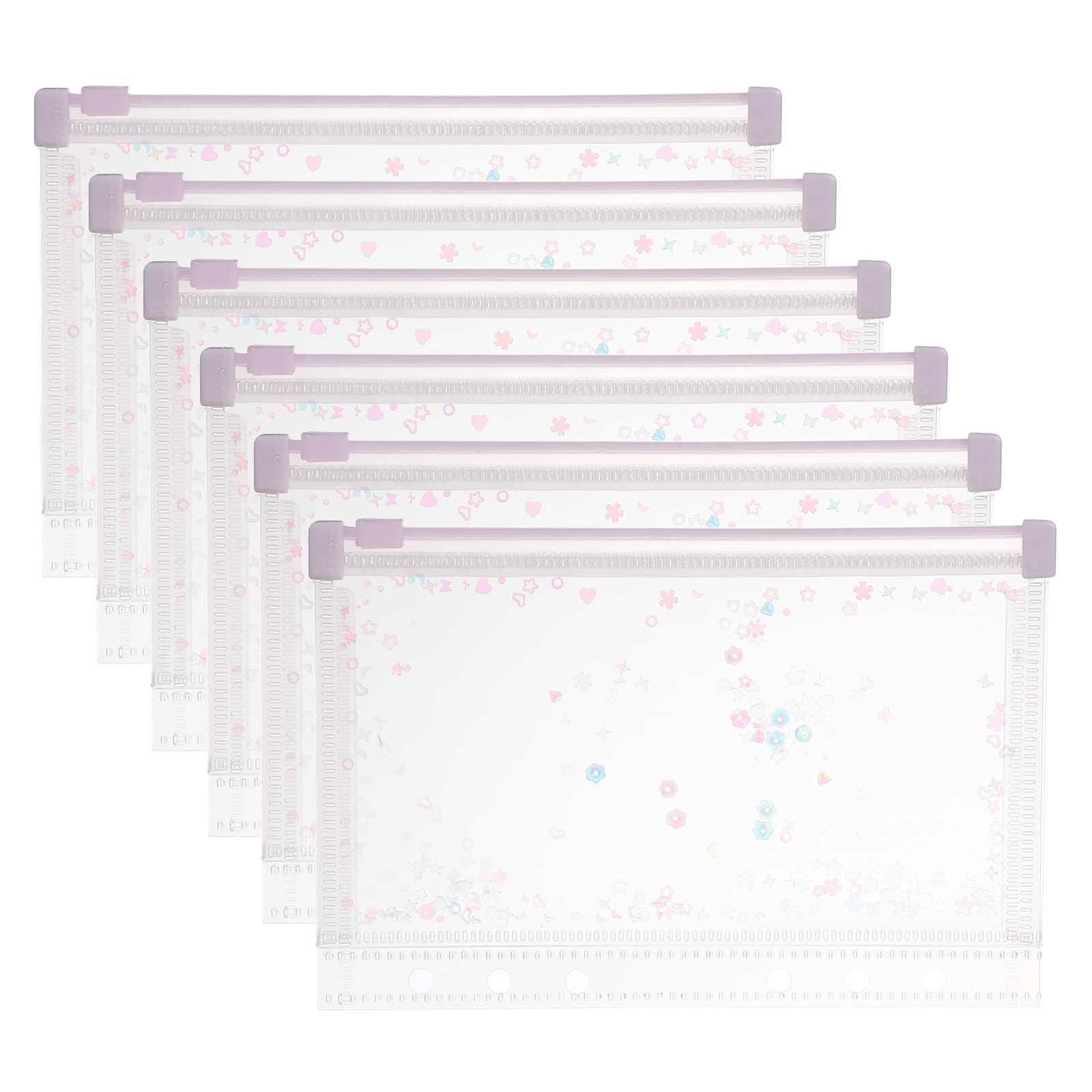 PATIKIL 6Pcs A6 Plastic Binder Zipper, Binder Pockets 7 x 5 Clear Envelope Folders Planner Waterproof Pouch Filing with Sequin Decor for Document Notebook Organizer, Light Purple