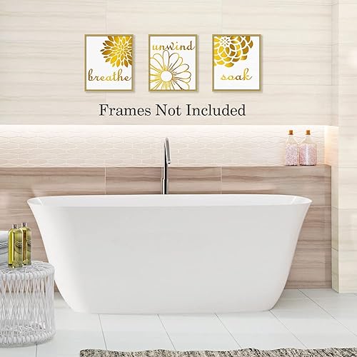 Miniatura 3 de LHIUEM Imágenes de baño doradas y blancas para decoración de pared, impresión de flores abstractas de lámina dorada, juego de 4 impresiones