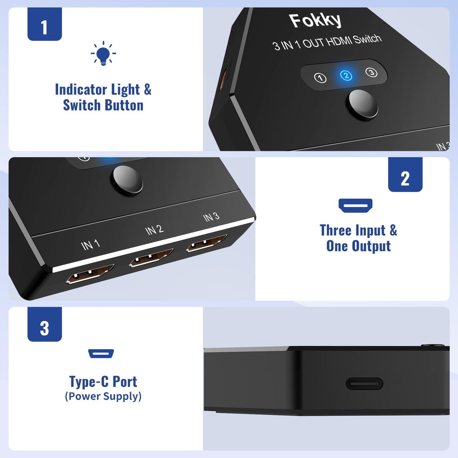 Interruttore HDMI 4K, FOKKY Hdmi Distributore Automatico/Manualmente Placcato Switch 3 in 1 Out 3 porte Supporto splitter 4K/3D/Uhd/Hd/1080P per Xbox Ps4 Ps3 Blu-Ray Firestick HDTV