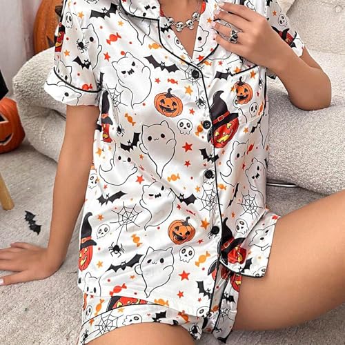 RUEWEY Halloween Womens Pajamas Set Ghost Pumpkin Print Short Sleeve Button Down 2 Piece Loungewear Sets Sleepwear4
