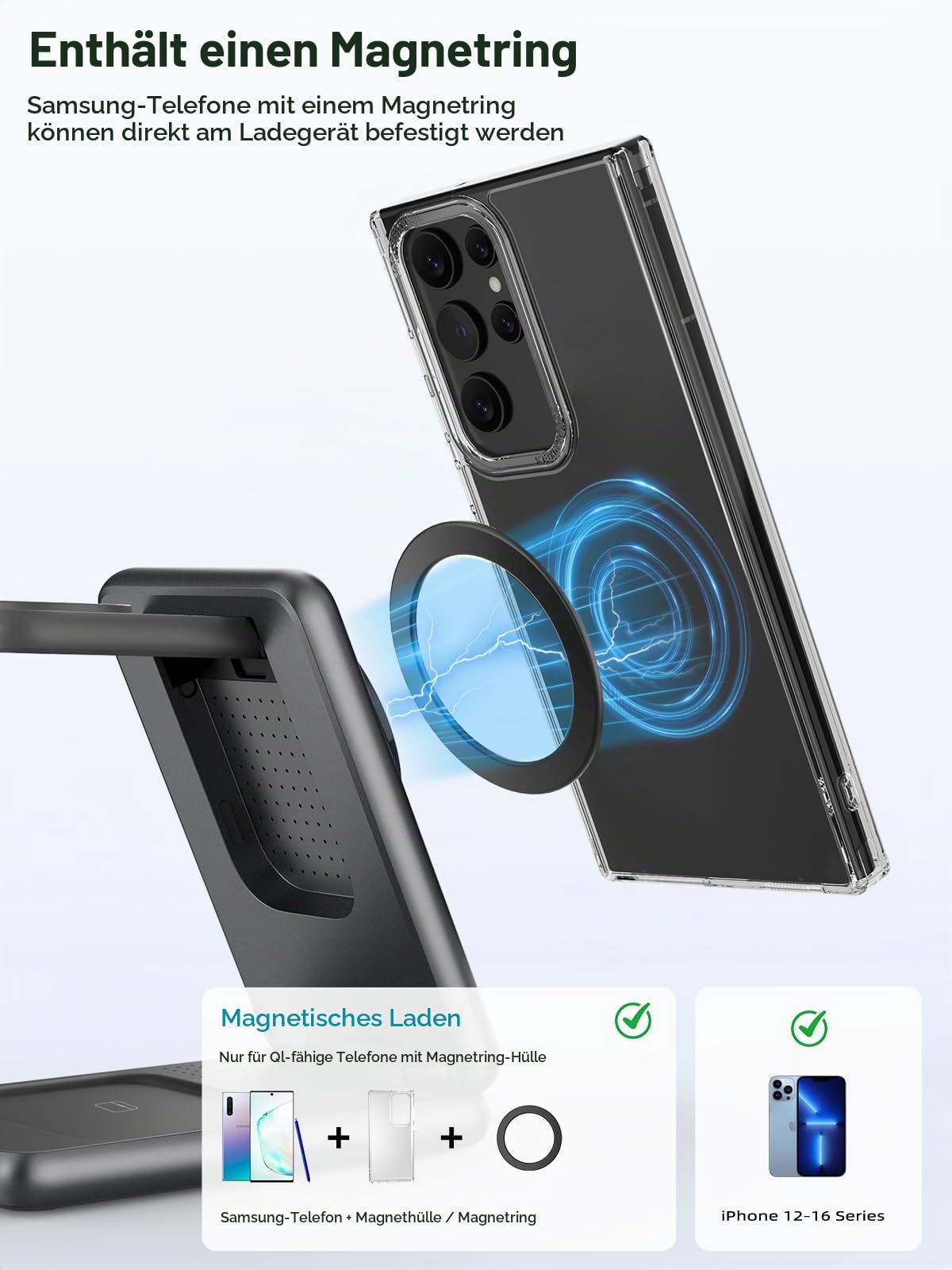 Magnetisch Ladestation für Samsung Galaxy S26/S25 Ultra, Magnetische Ladegerät Faltbares EIN-klick-Auswurf Samsung Watch Ladegerät für Galaxy Watch Ultra 8/7/6, 3 in 1 Reise Wireless Charger (Silber)