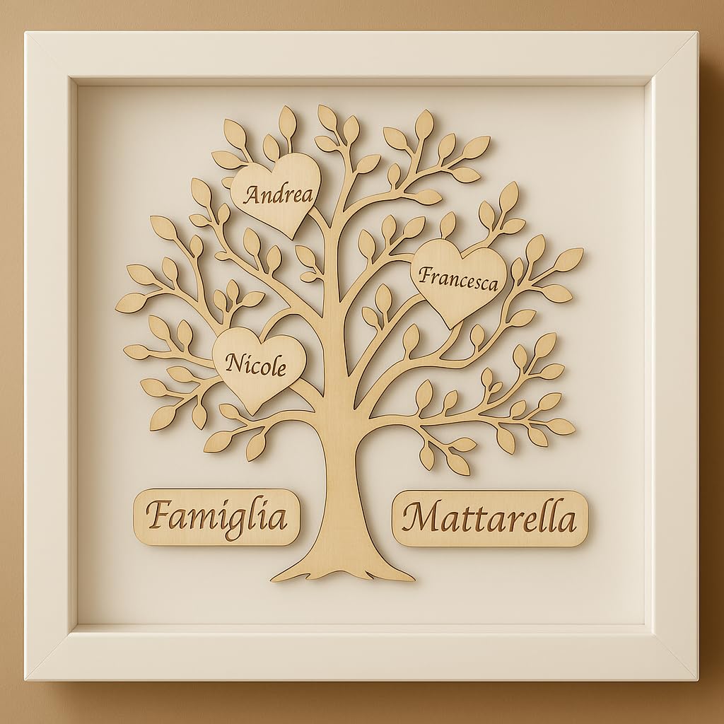 Stileitaliano Quadro Personalizzato Albero della Vita in Legno con Cornice, Regalo Famiglia con Nomi Incisi, Decorazione da Parete o Tavolo, Bianco