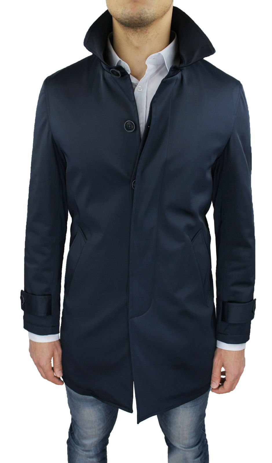 Giaccone Soprabito Uomo Blu Scuro Invernale Casual Elegante Giacca Trench Nuovo Sartoriale