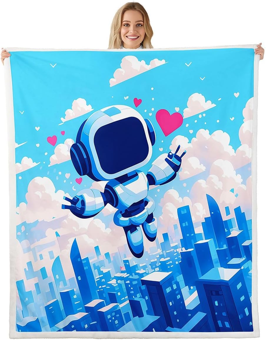 Erosebridal Blue Robot Blanket Throw,Cartoon Machine Robot Blankets and Throws for Kids Boys Girls Bedroom Decor,Science Themed Fleece Blanket Sci Fi Blanket 60"x80" for Bed Couch