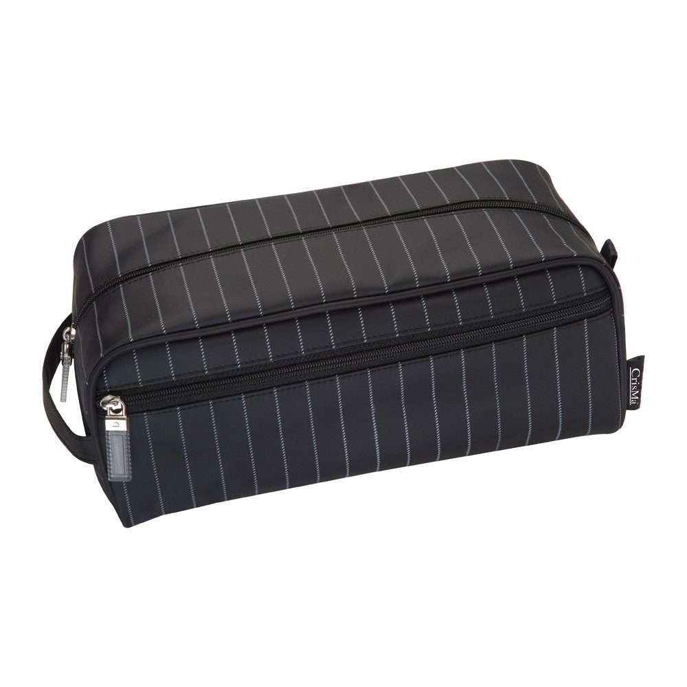 eBuyGB Mens Pinstripe Black Zipped Toiletry Bag - Wash Travel Bag for Cosmetics