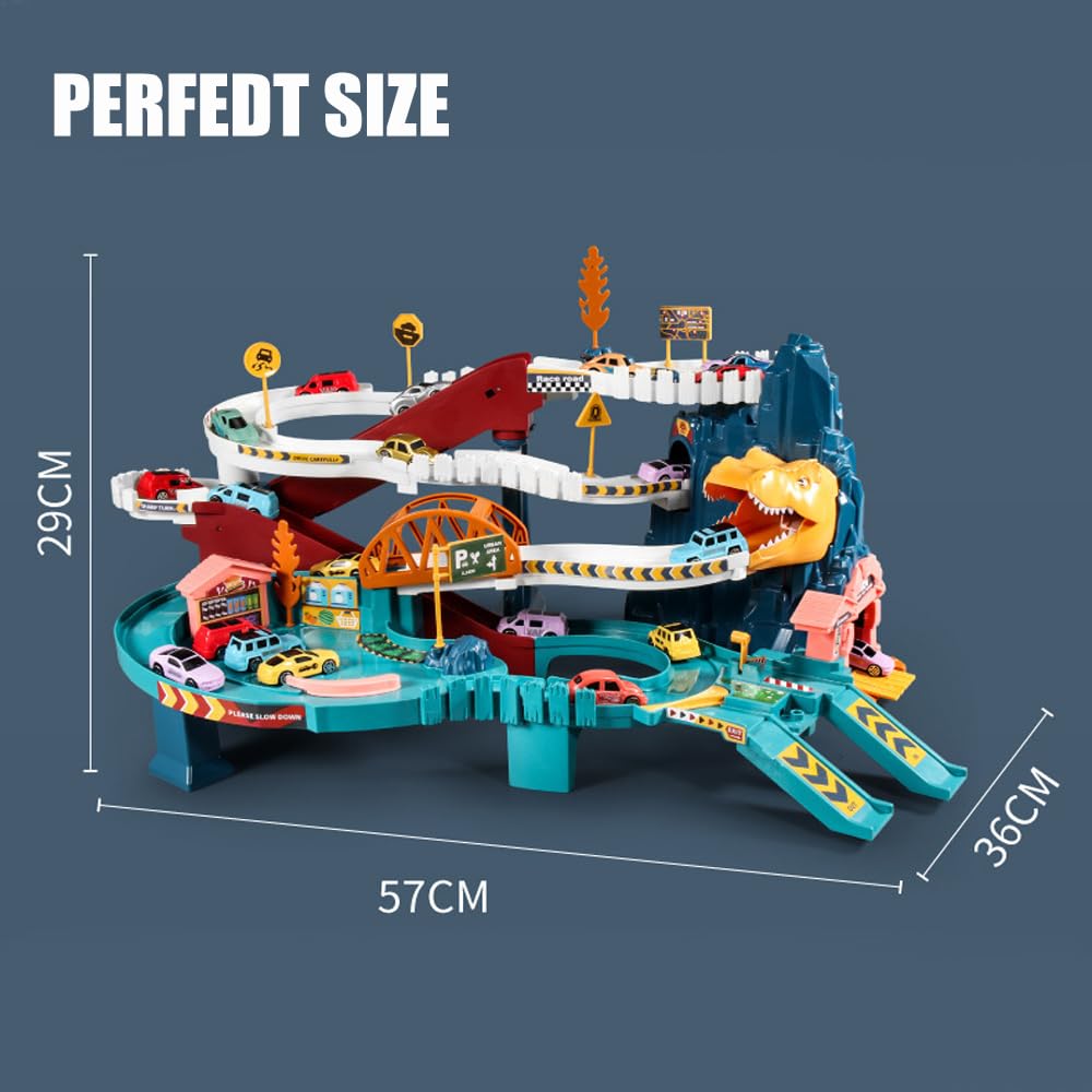 AM ANNA Toy Car Ramp Track Dinosaur Climbing Hills Railcar Colorful Vehicles Construction Play Set with 4 Mini Racer Cars and Track for Preschool Gifts Kids Ages 3 Years and Older