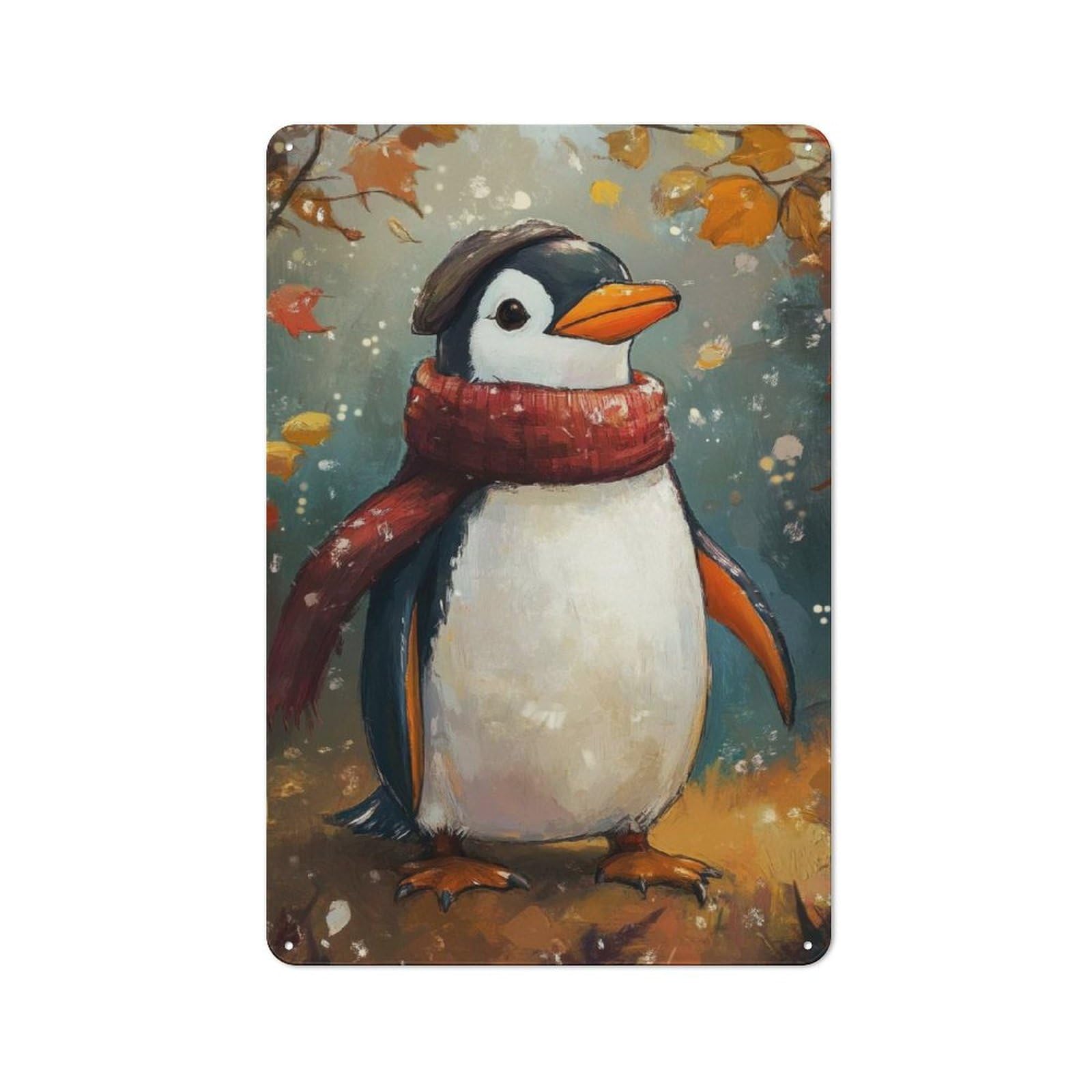Junmoney Cozy Penguin In Autumn Metal Wall Sign 30X20cm Featuring For Garage Wall, For Themed Room Decoration, For Living Room And Hallway Decor
