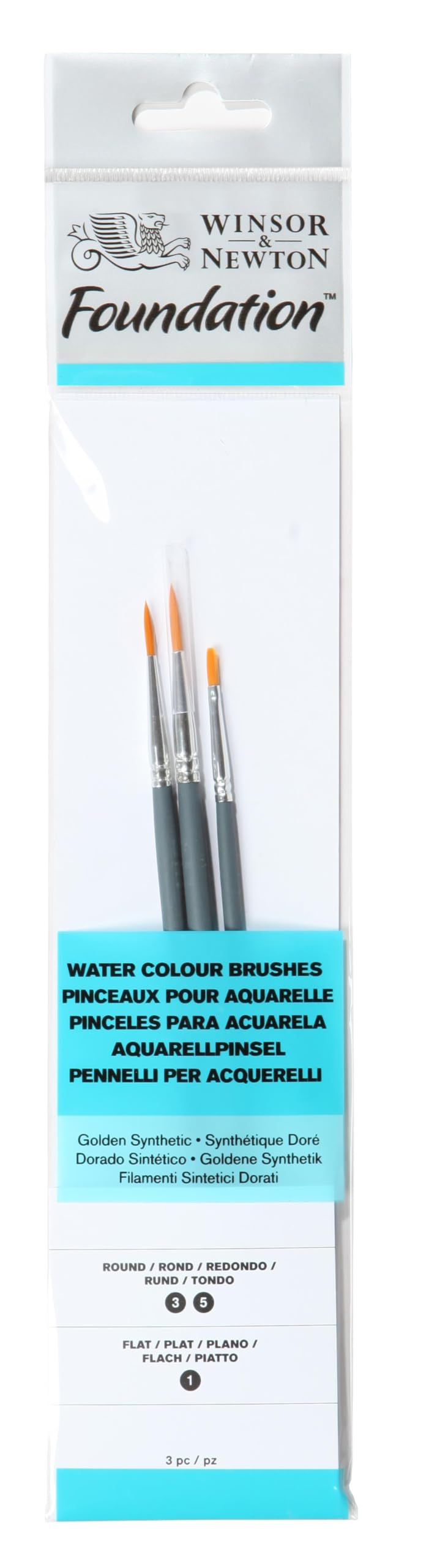 Winsor & Newton Pinceles para acuarela Foundation, set de 3 Unidades, sintéticos, pinceles redondos nº 3 y nº5 y plano nº1