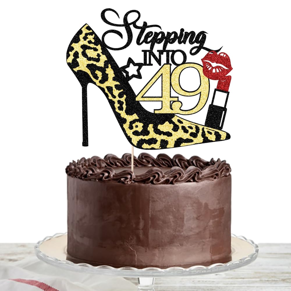 Stepping Into 49 Cake Topper,Funny 49th Birthday Party Decorations Supplies, Highheel Highheel lipstick Sign Cheers to 49 Years Cake Decorations。 — image 1