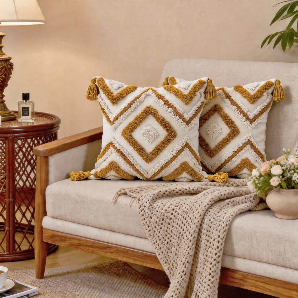 QIFONIX Decorative Throw Pillow Cover, Tufted Geometric Pattern, Tassel Corners, White with Multi-Colour Accents (Yellow,18" x 18" (Pack of 2))