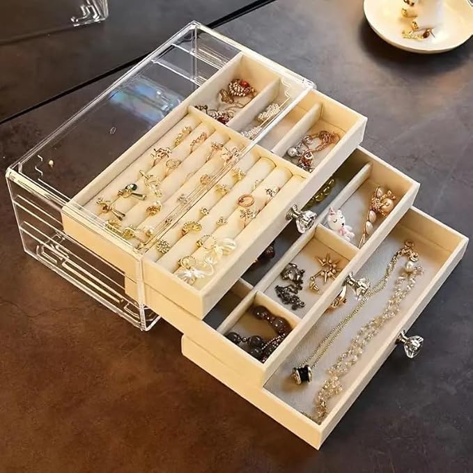 YEPZY ENTERPRISE Acrylic Jewelry Organizer With Drawers | 3 Layer Earring Storage Box with 10 Compartment & 7 Ear Studs for Women | Transparent Display Storage Case for Earrings Necklace Ring Bracelet