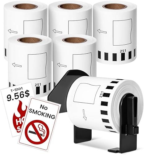 MarkDomain 6 rollos de etiquetas de longitud continua negra/roja de repuesto para Brother DK 2251 cinta de papel blanco de 2.4 pulgadas x 50 pies