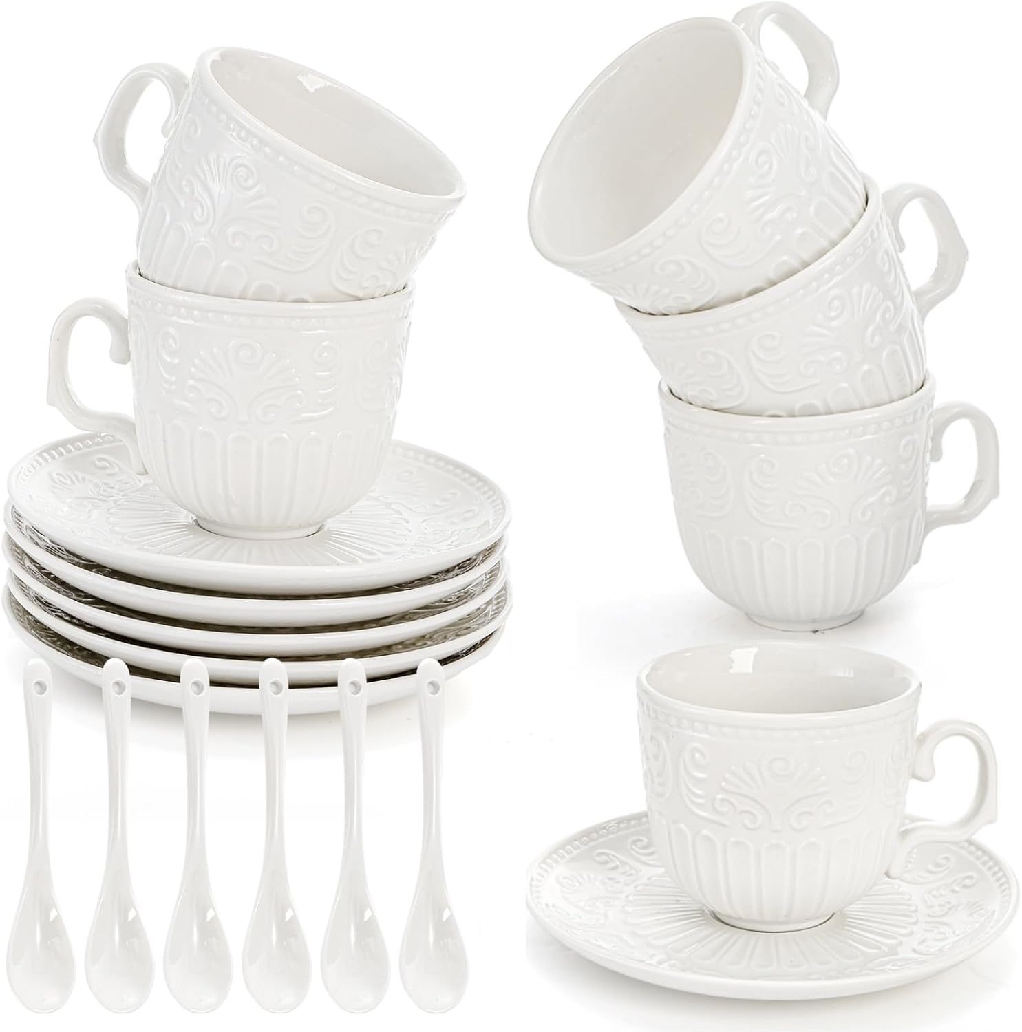 ZAVOOS Tea Cup and Saucer Set of 6, 6 Oz Vintage Porcelain Tea Cup with Spoon, Unique Embossed Floral Cappuccino Cups Sets for Latte, Cafe Mocha, Tea Party Decoration, Dishwasher Safe