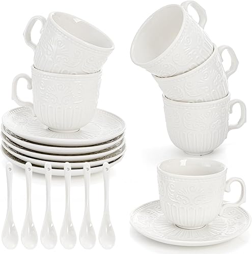 Juego de 6 tazas de té y platillo, taza de té de porcelana vintage de 6 onzas con cuchara, juegos únicos de tazas de capuchino floral en relieve