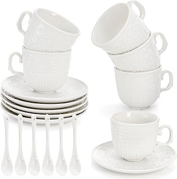 ZAVOOS Tea Cup and Saucer Set of 6, 6 Oz Small Vintage Porcelain Tea Cup with Spoon, Unique Embossed Floral Cappuccino Cups Sets for Latte, Cafe Mocha, Tea Party Decoration, Dishwasher Safe