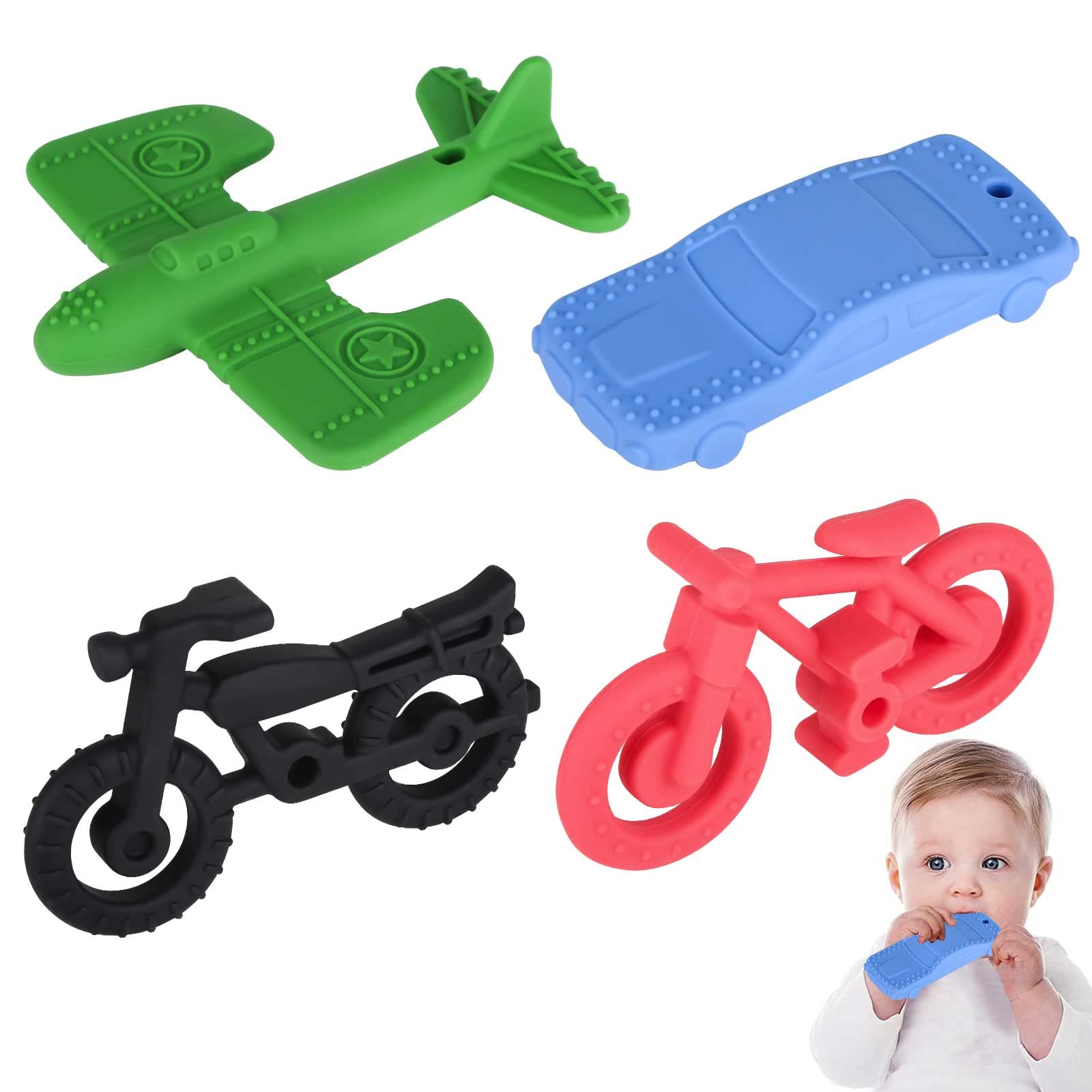 Fu Store 4-Pack Silicone Teething Toys for Infant Toddlers, Jet Plane Bike Car Shape Teethers for Babies Boys Girls Chew Toys, Relief Soothe Babies Gums Set, BPA Free, Dishwasher and Refrigerator Safe