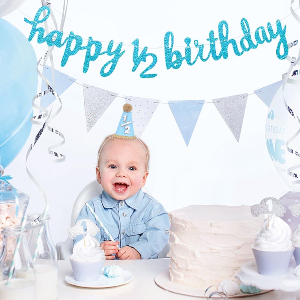 2 Pcs Blue 1/2 Birthday Hat Set, Half Birthday Hat Boy with 2m Banner