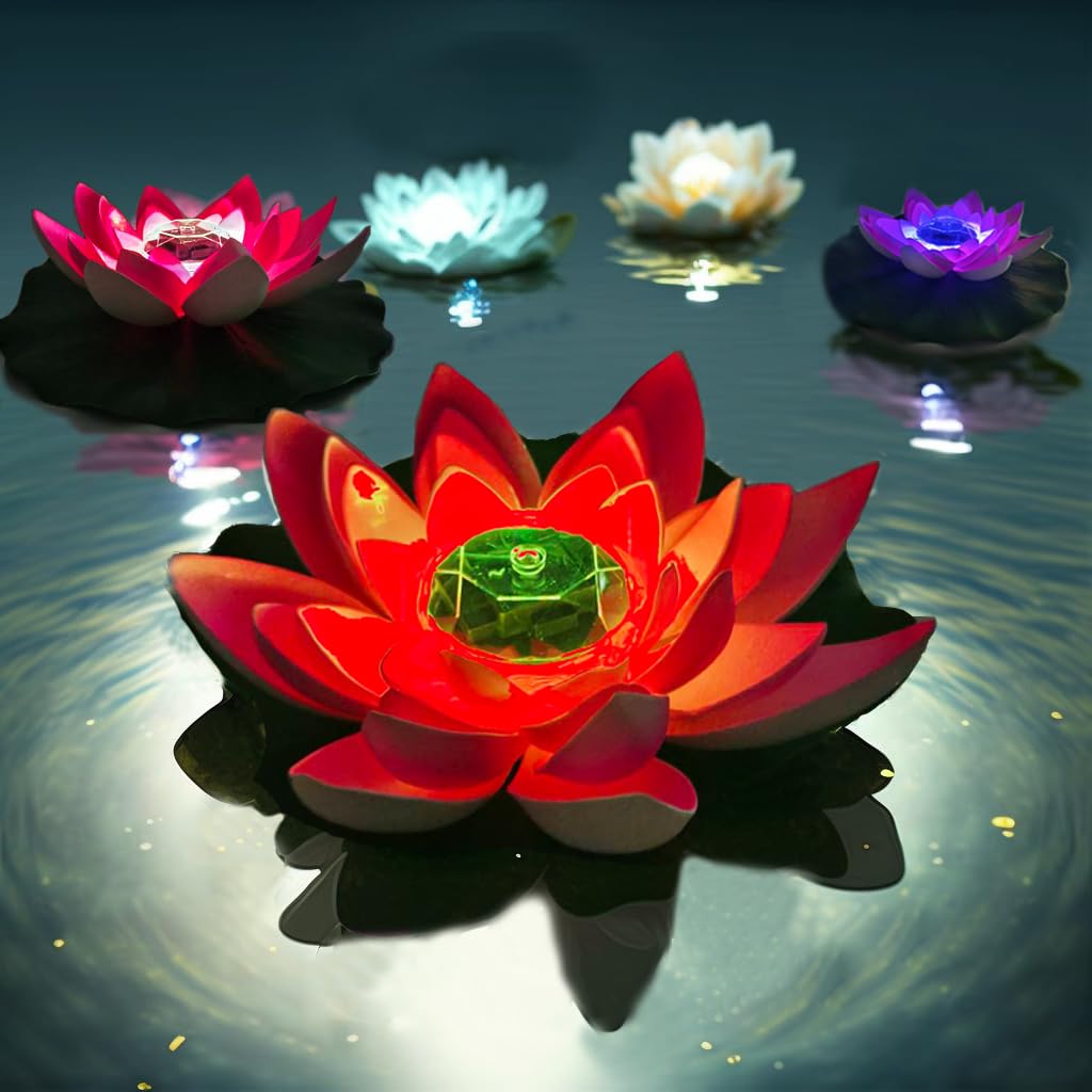 Solar Floating Pool Lights,11 inch LED Pond Light Fun Pool Accessories Lotus Flower Pool Lights that float,Artificial Lily Flower Lamp Garden Wedding Swimming Pool Decoration Ourdoor Party Gift 2PCS