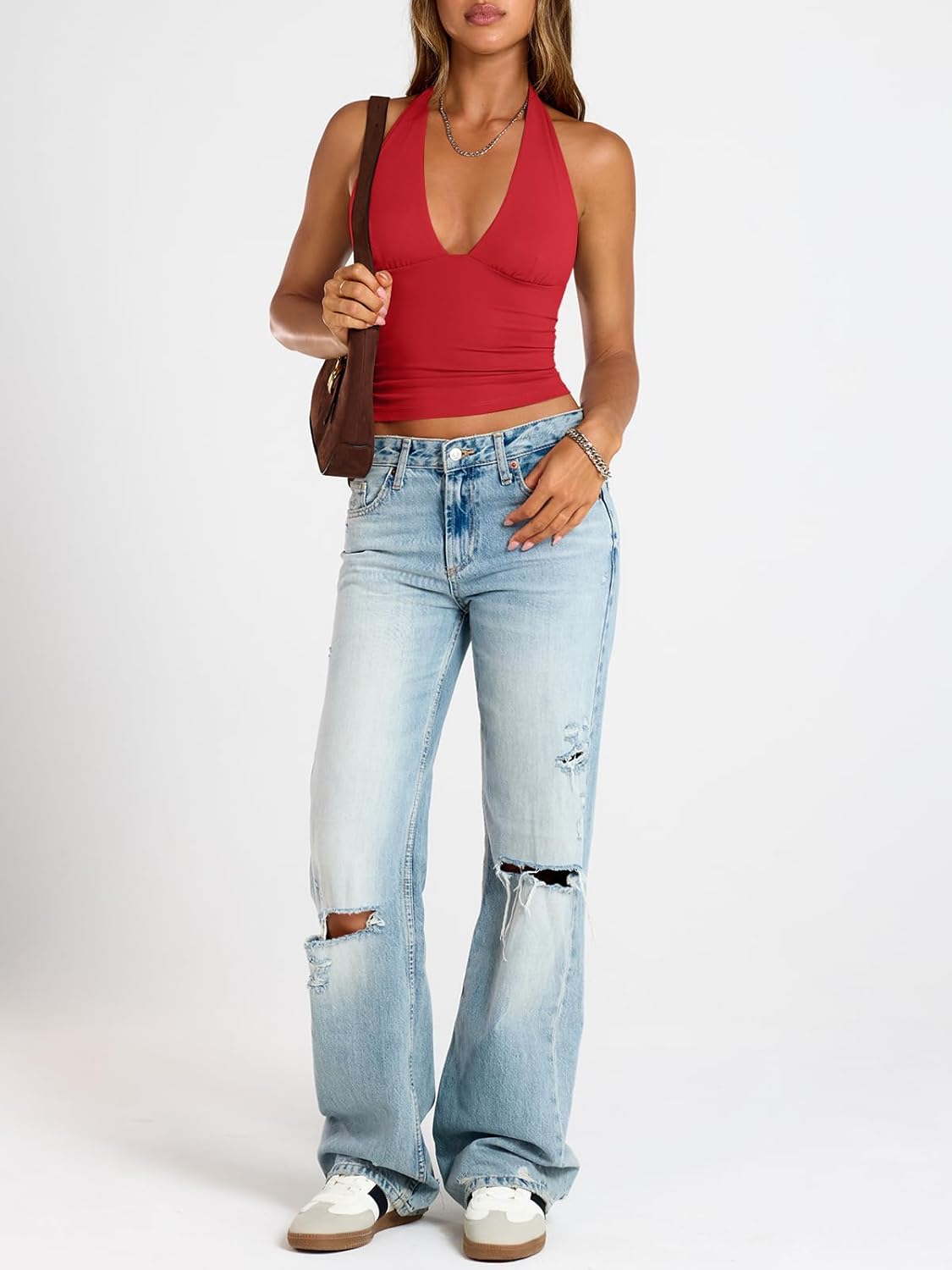 Trendy Queen Womens Halter Crop Tank Tops Backless Deep V Neck Double Lined Going Out Tops Summer Open Back Teens Cute Shirts - Image 3