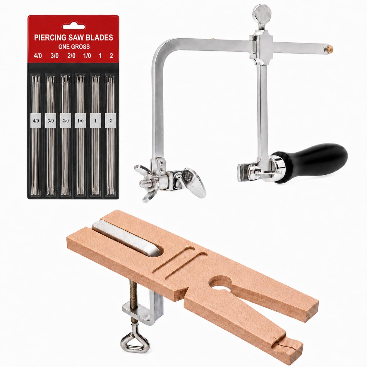 3-in-1 Professional Jeweler's Saw Set - Saw Frame, 144 Blades, and V-Slot Bench Pin with Clamp - Versatile Tools for Precise Jewelry Making
