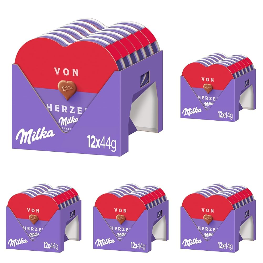 Milka I love Milka Pralinen – Herzförmige Alpenmilch-Schokolade mit feiner Haselnuss-Nougat-Crème-Füllung – 12 x 44g (Packung mit 5)