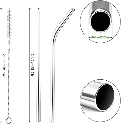 Miniatura 2 de Paquete de 16 pajitas de metal de acero inoxidable reutilizables, 8 rectas + 8 dobladas de 8.5 pulgadas, pajitas de metal respetuosas con el medio