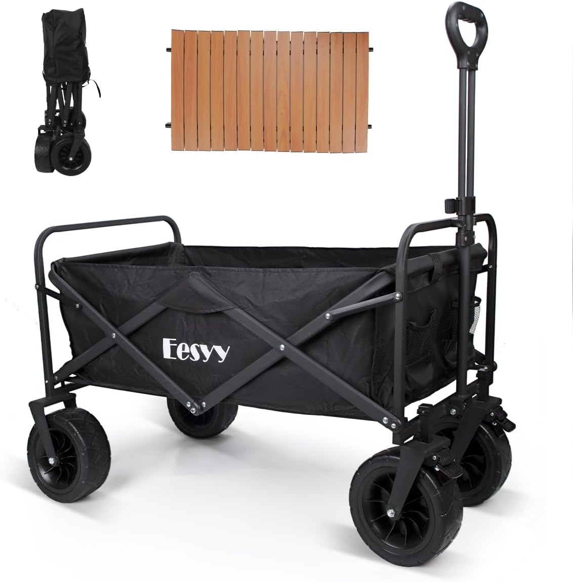 Eesyy Collapsible Wagon with Big Wheels, Enlarged Capacity, Heavy Duty Folding Wagon Cart with Desktop, Portable Utility Foldable Garden Cart for Outdoor, Camping