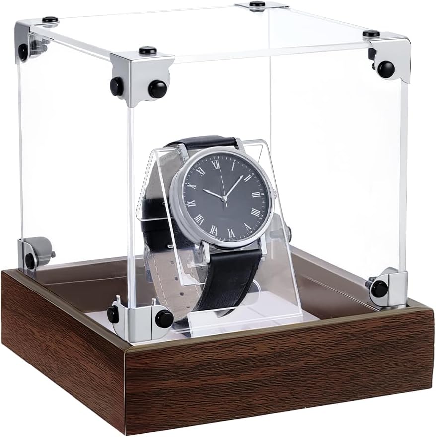 PH PandaHall Watch Display Stand Boxes, Single Watch Acrylic Watch Case with Wood Base Bracelet Display Rack Jewelry Holder Organizer Storage Stand for Men Women Watch Display, 4.6x4.6x5.1inch
