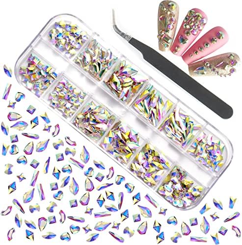 AB Diamonds for Nails Rhinestones, Multi 12 Shapes Flatback 3D Rhinestones for Nails Art Jewelry (240pcs)