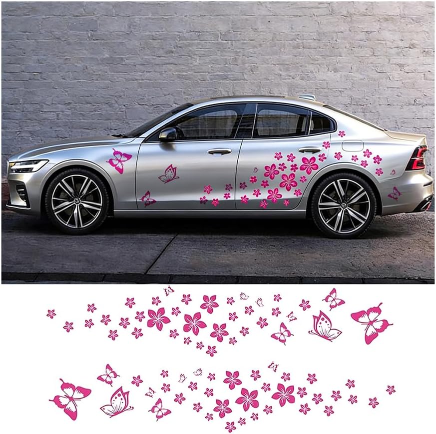 Butterfly Flower Graphic Car Sticker, Self-Adhesive Floral Vehicle Window Door Hood Bumper DIY Decal, Cute Automotive Body Exterior Decorations, Universal for SUV Van Truck (Purple)