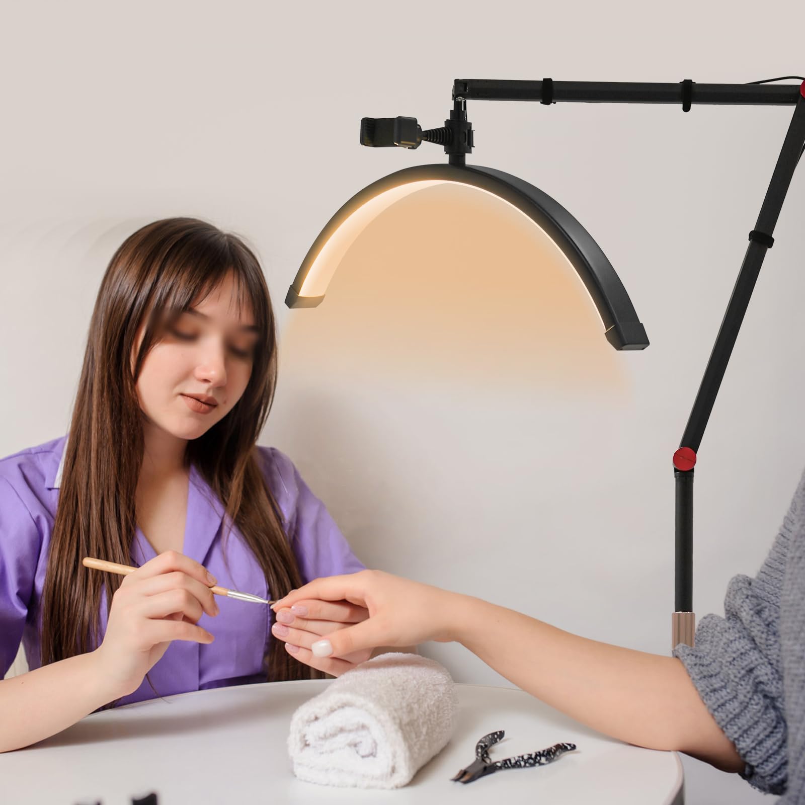 Lampada da terra a LED a forma di mezzaluna, 36 W, altezza regolabile 83-128 cm, luminosità 0-100% e 2 colori di luce, orientabile a 360°, con telecomando e controllo via cavo, clip per smartphone