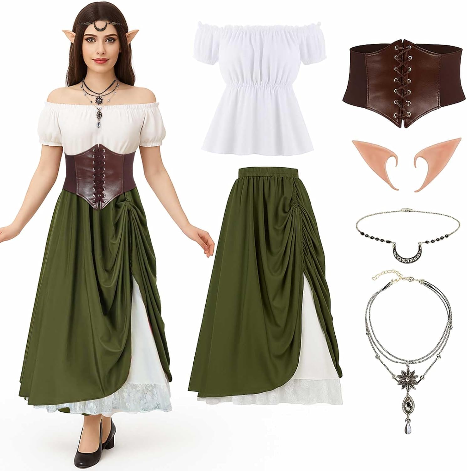 Blosssound 6 Pieces Renaissance Costumes for Women Halloween Cosplay Adult Medieval Fairy Elf Dresses Outfits Accessories Set