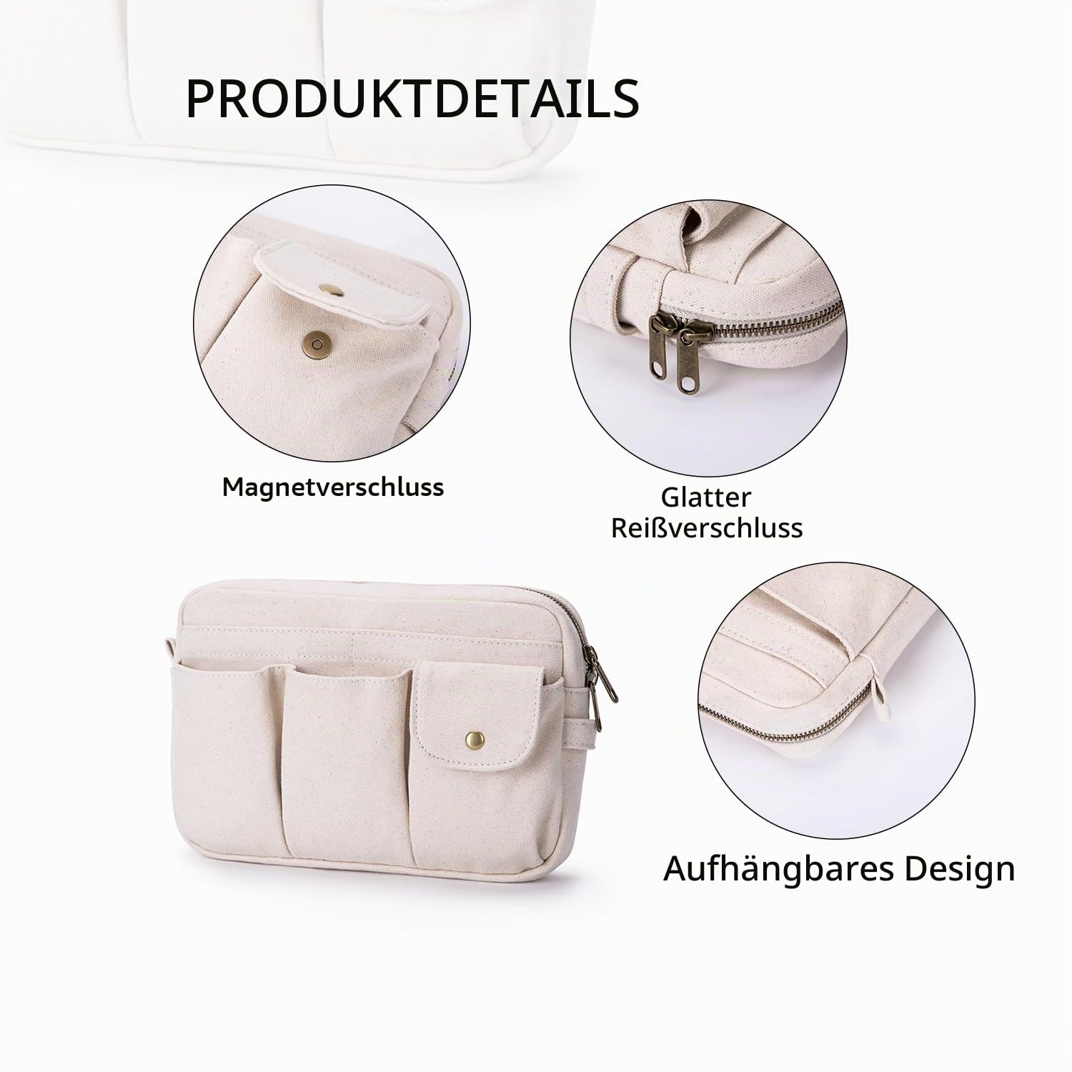 Kosmetiktasche mit großem Fassungsvermögen und mehreren Fächern für einfache Organisation und Reinigung, Beige/Leinen, 11.02" x 1.97" x 7.09", Casual