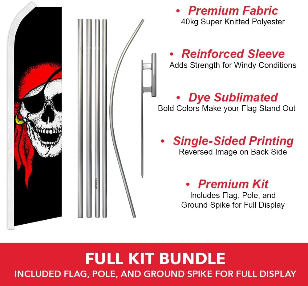 Red Bandana Pirate Swooper Feather Advertising Flag & Pole Kit - Perfect for Halloween, Haunted Houses, Boating Stores