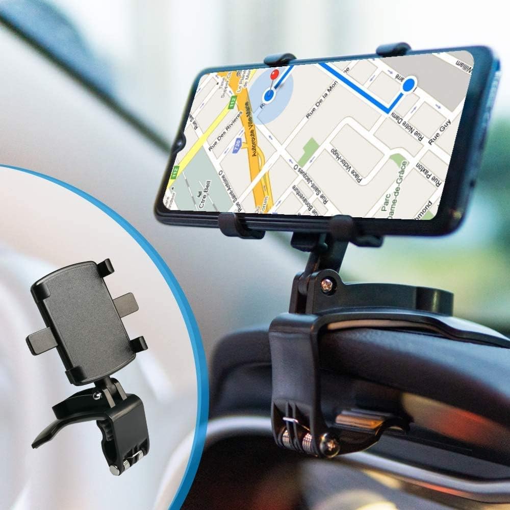SEVAM Dashboard Phone Mount, Multifunctional Mobile Holder for Car, 360-Degree Rotating Rearview Mirror Holder, Adjustable Spring Clip, Suitable for 4-6.5 Inch Smartphones