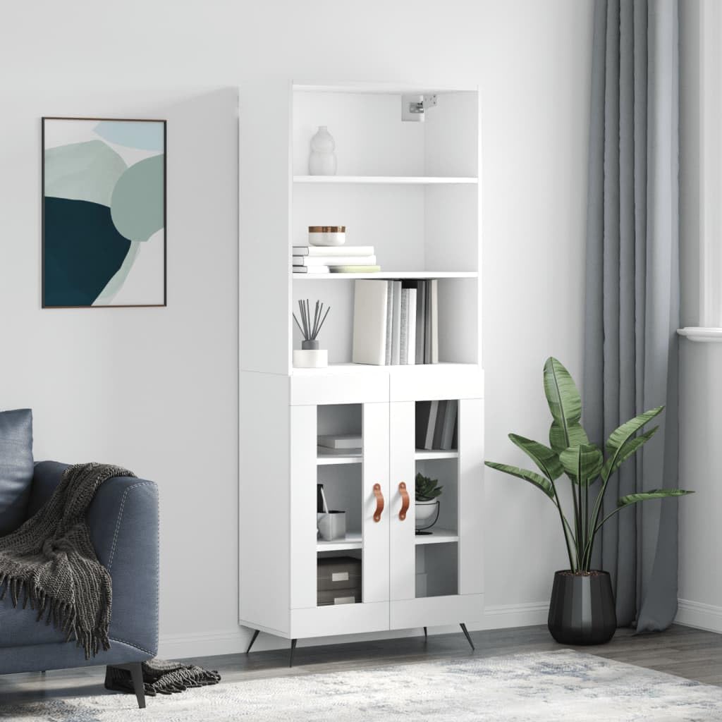 Meuble haut blanc en bois 69,5 x 34 x 180 cm avec beaucoup d'espace de rangement, portes et pieds en métal pour salon, salle à manger, chambre à coucher, couloir et bureau, design moderne