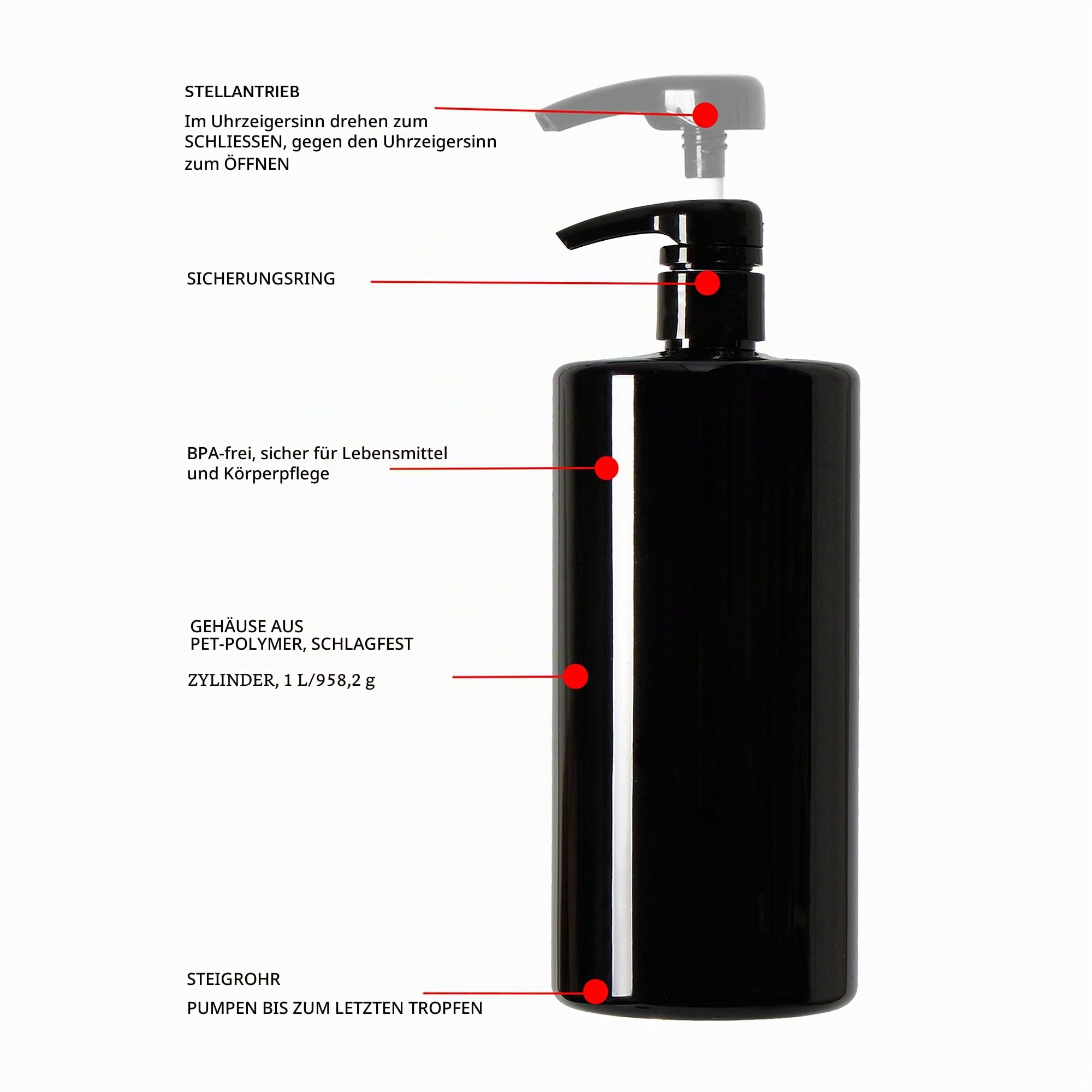 Youngever 4er-Set 1L Pumpflaschen für Shampoo, Mehrweg Kunststoff Pumpspender Seifenspender Dispenser Lotionspender Leerflasche für Flüssige Shampoo Lotionen Küche Bad(Schwarz)