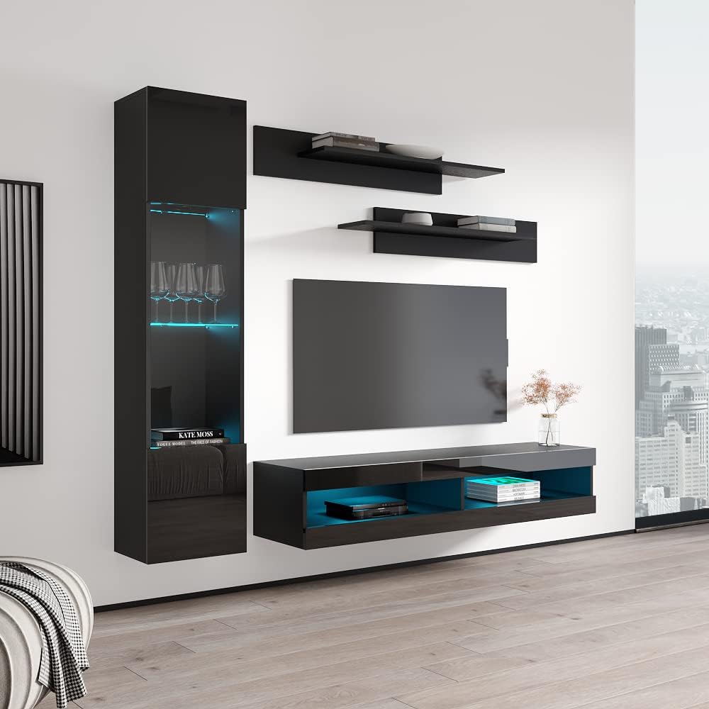 Meble Furniture Fly G3 34TV Stand Wall-Mounted Entertainment Center — Floating Media Console with Storage Shelves and LED Lights — Modern High Gloss, 59.1 x 15.7 x 13.8 in — Black