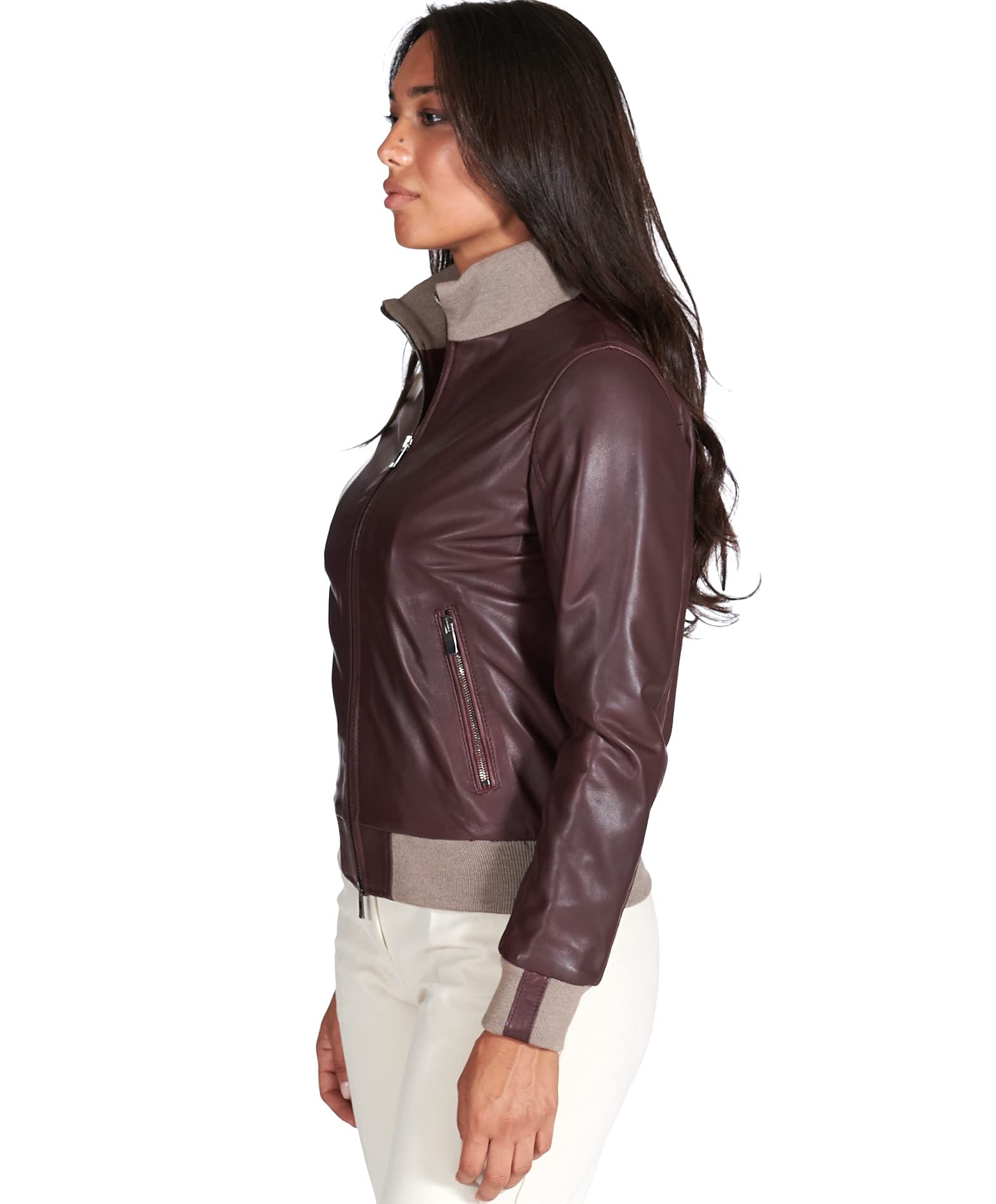 D'Arienzo Bomber in Pelle Scamosciata Blu Donna Giacca Bicolor Giubbotto Moto Vera Pelle Made in Italy G155