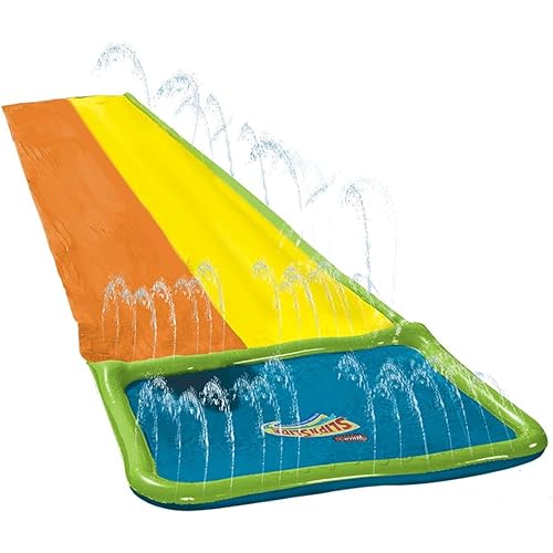 Wham-O Slip N Slide 18ft Double Lanes Water Slides with Splash Pool Area and 2 Bodyboards, Extra-Long Backyard Slides for Summer Outdoor Water Parties Activities