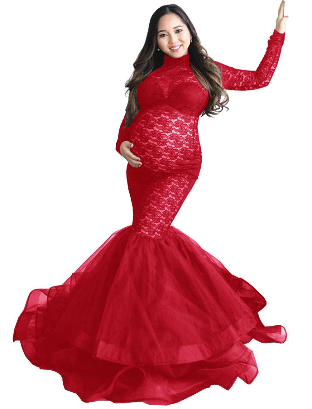 CFWSHJ Abito Premaman Elegante in Pizzo Trasparente per Servizio Fotografico Abito Maxi tutù in Tulle a Maniche Lunghe per Foto
