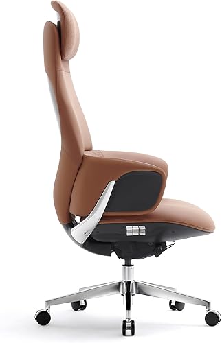 Miniatura 4 de Silla de oficina ejecutiva de cuero genuino con respaldo alto de aluminio base giratoria ergonómica sincronizada, mecanismo reclinable de cuero